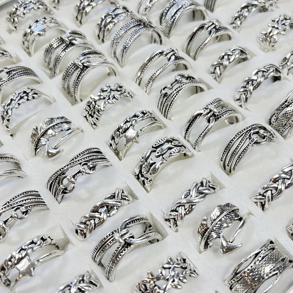 50Pcs/Lot Rattan Antique Silver Style Vintage Silver Ring For Women Ladies Jewelry Bulks LR4228