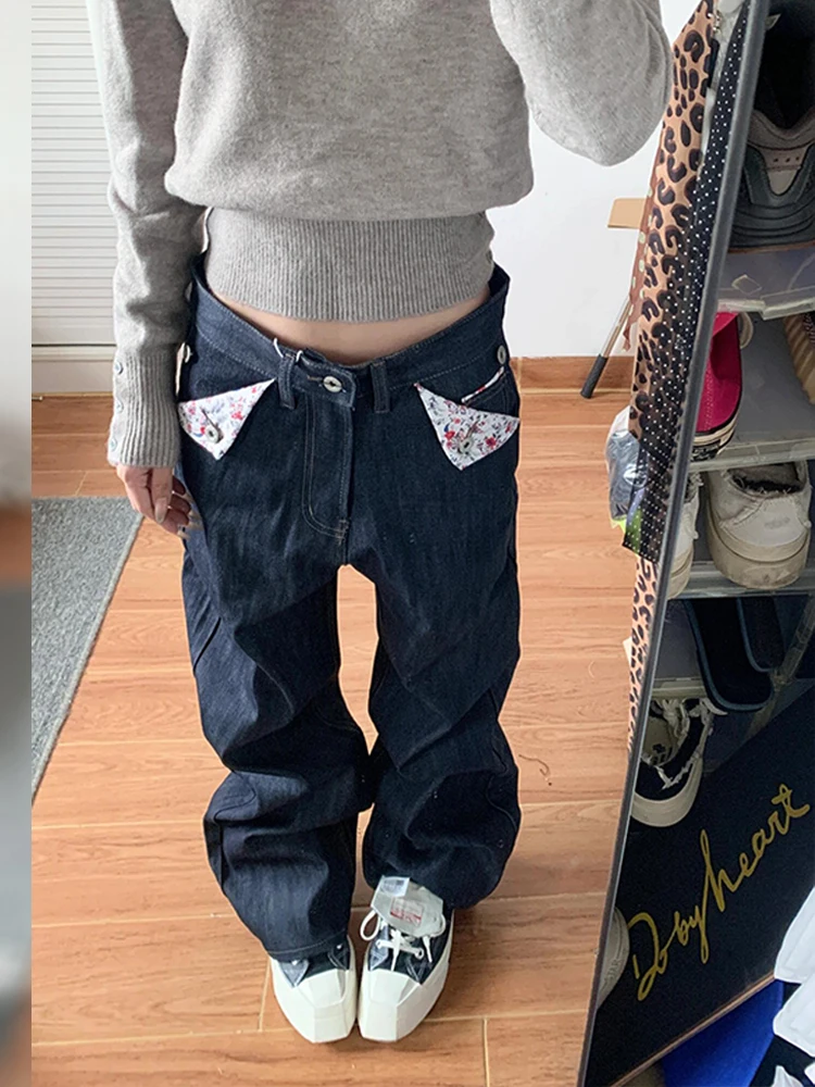 

American High Street Design Red Floral Print High Waist Straight Leg Floor Length Denim Jeans Women Sexy Retro Unique