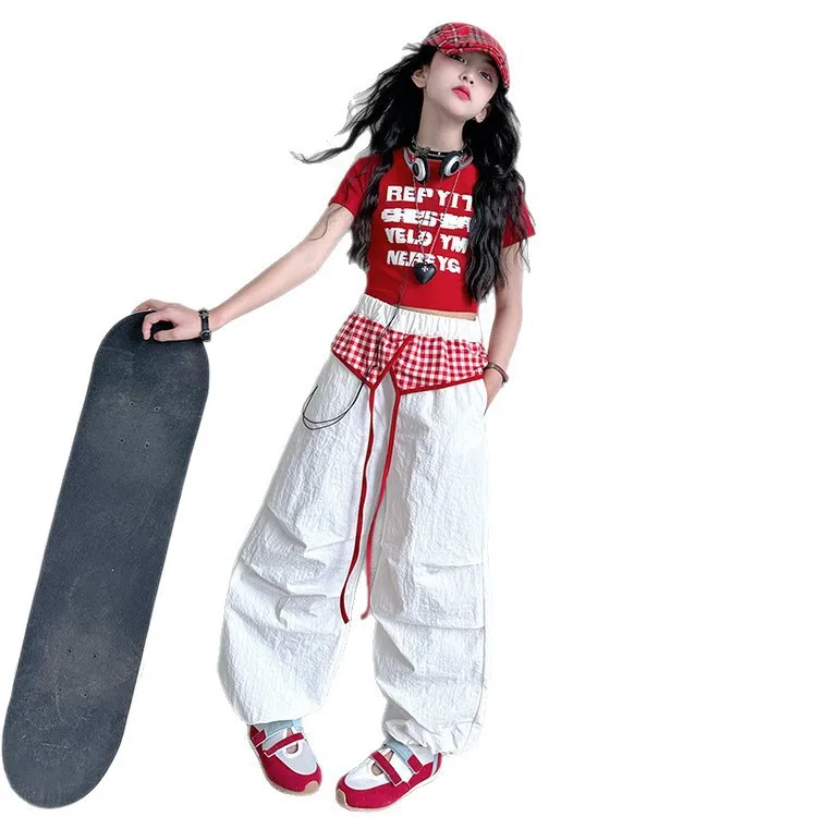 2026 American retro summer teens tracksuit Girls cloth 1pc t-shirt crop top or long wide leg pant Kid 4 6 7 8 9 10 12 14 year