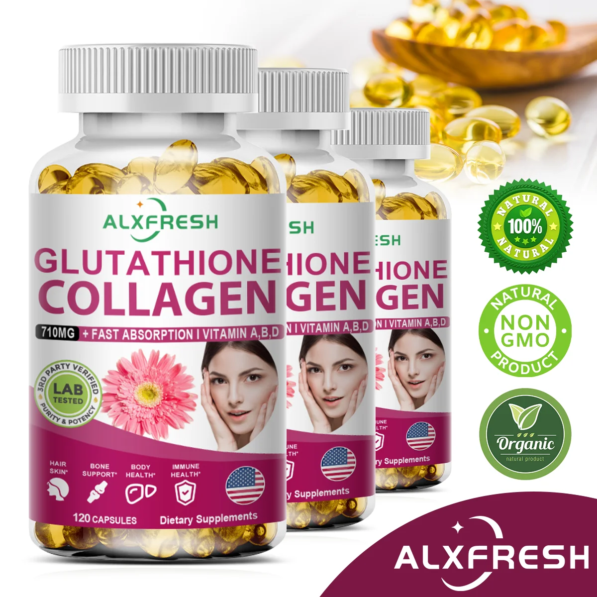 Alxfresh 710mg Hydrolyzed Collagen 300mg Glutathione 4000mcg Biotin & Vitamin A D B6 B12 Capsule Nutritional Supplement