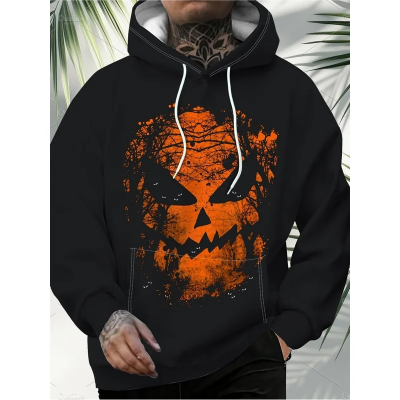 Men Halloween Hoodie Scary Jack‑O‑Lantern Pumpkin Forest Bat 3D Print Hooded Sweatshirt Drawstring Long Sleeve Pullover Part Top