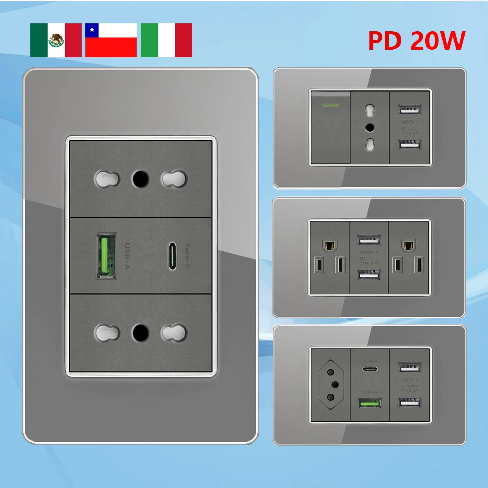 Italy Chile Socket with USB Smart Type-c 20W Fast Charging Glass Wall Electric Light Switch,Thai US Brazil Dual USB Power Socket