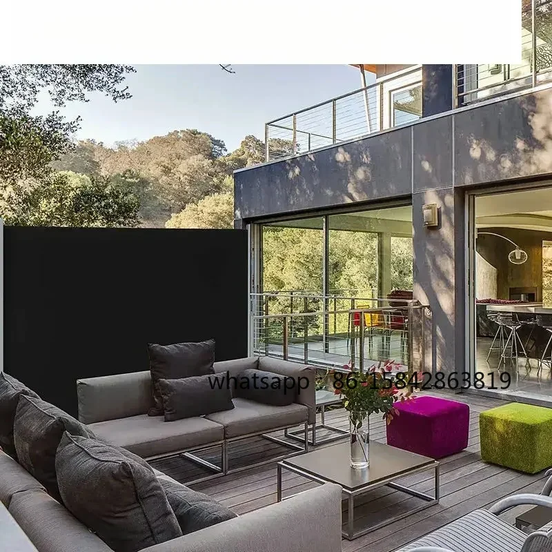 Full Aluminum Frame Retractable Side Gazebo with Privacy Screen, Waterproof Sun Shade Canopy for Balcony & Terrace
