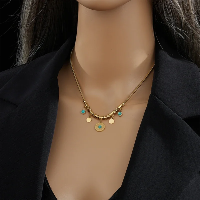 Stainless Steel Gold Color Round Green Stone Pendant Necklace For Women Vintage Ethnic Girls Chain Jewelry Gifts