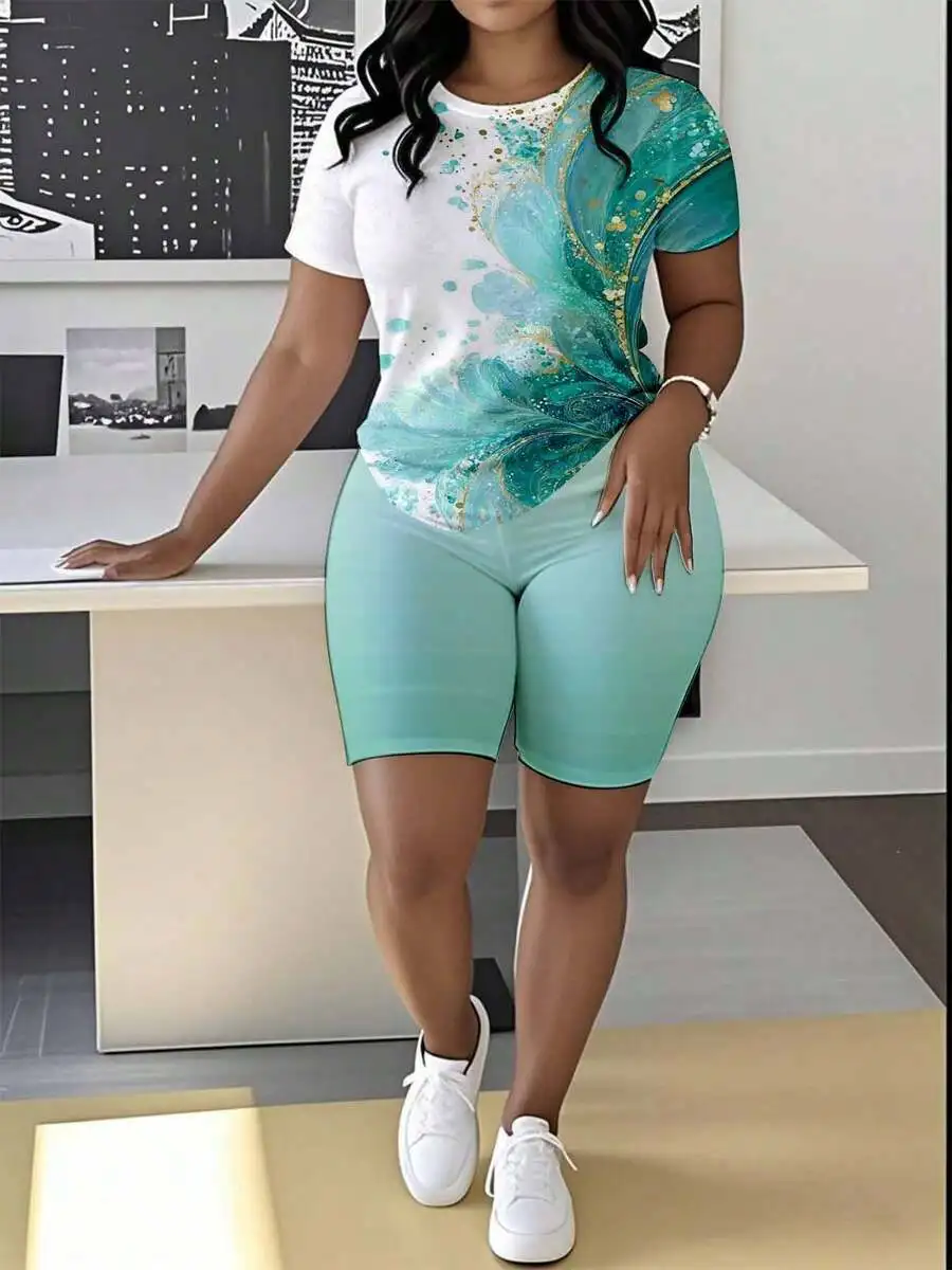 

Women Short Sleeve Shorts Set Abstract Ocean Wave Print Plus Size Casual Sporty Outfit