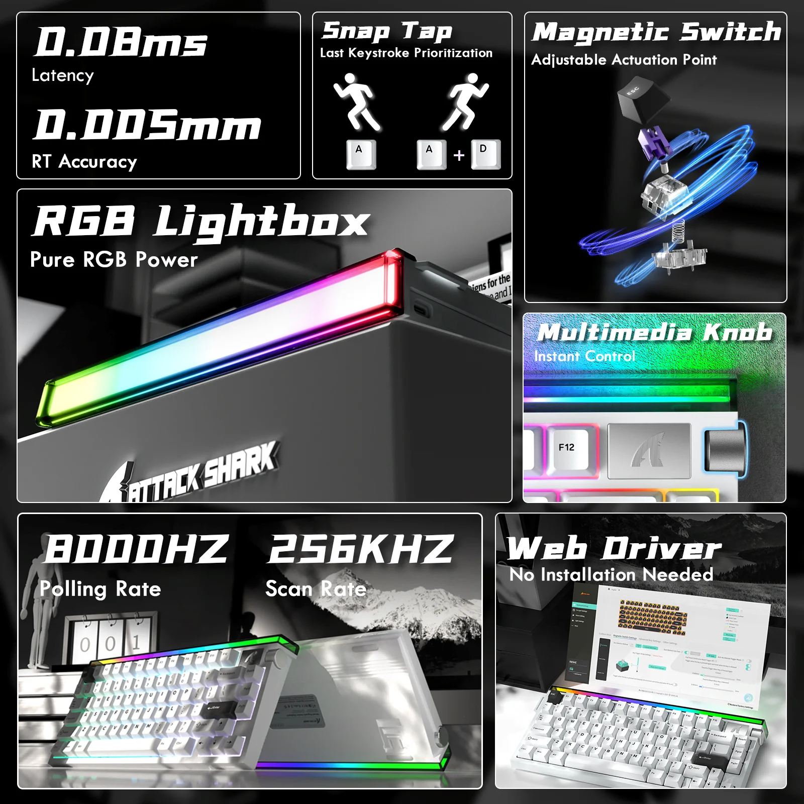 ATTACK SHARK R85HE Magnetic Axis Gaming Wire Keyboard 8KHz Rate 0.005mm RT Precision Adjustable 5 Layer Soundproof Filling RGB