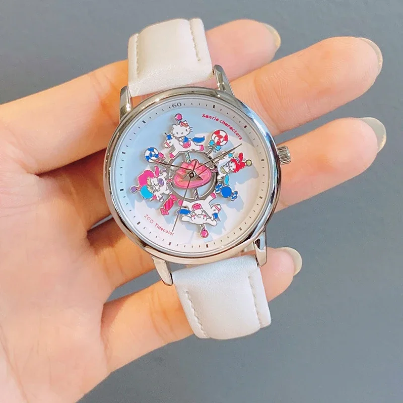 Kawaii Genuine Luxury Watch for Women Anime Figure Hello Kitty Carousel Quartz Watch Waterproof Women Watches Kawaii Reloj Gifts