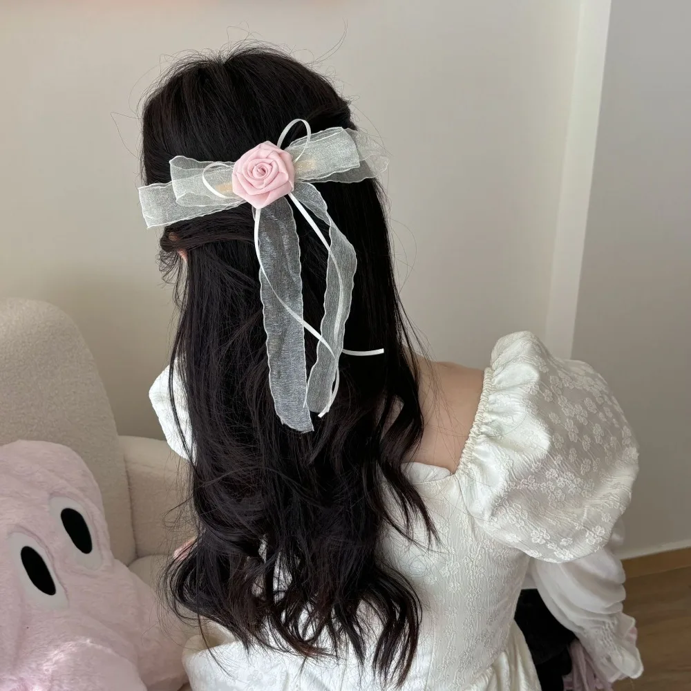 Aksesori rambut buatan tangan pita jepit rambut mawar modis pita klip rambut merah muda