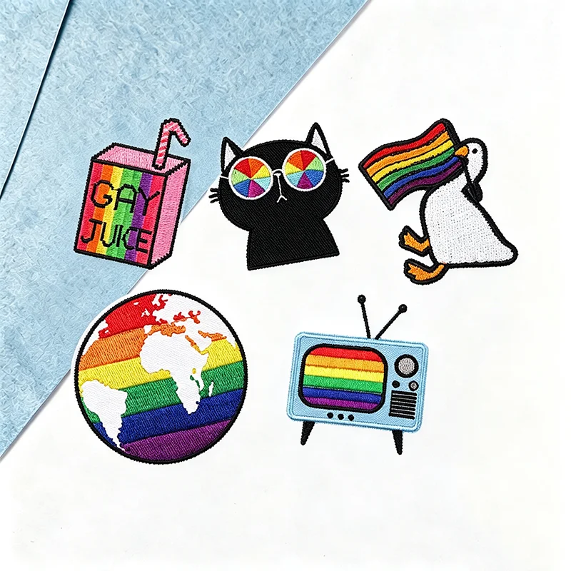5 pcs LGBT Rainbow Pride Iron On Patches, Gay Juice Box Rainbow Flag Globe Retro Color TV Cute Equality Embroidered Appliques