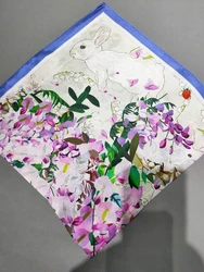 BYSIFA Blue White 100% Mulberry Silk Scarf Women Fashion Rabbts Deisgn Square Scarves Hijabs Fall Winter Brand Accessories