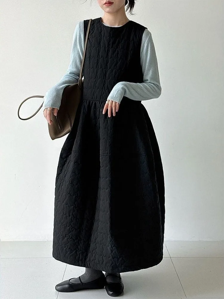 Korobov Korean Winter O Neck Sleeveless Solid All Match Loose A-LINE Lace-up Dresses