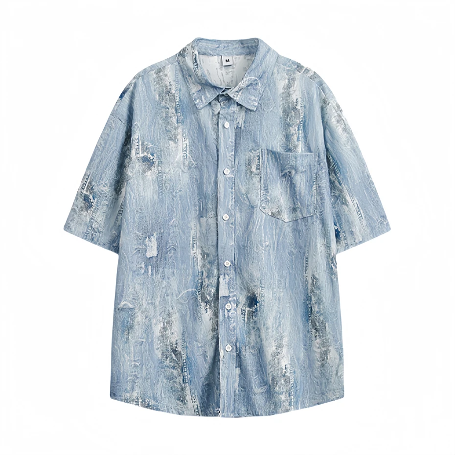 

Summer Denim Short Sleeve Shirts Men Streetwear Hip Hop Ripped Hole Jeans Shirt Oversized Harajuku Tie Dye Casual Blouse Male