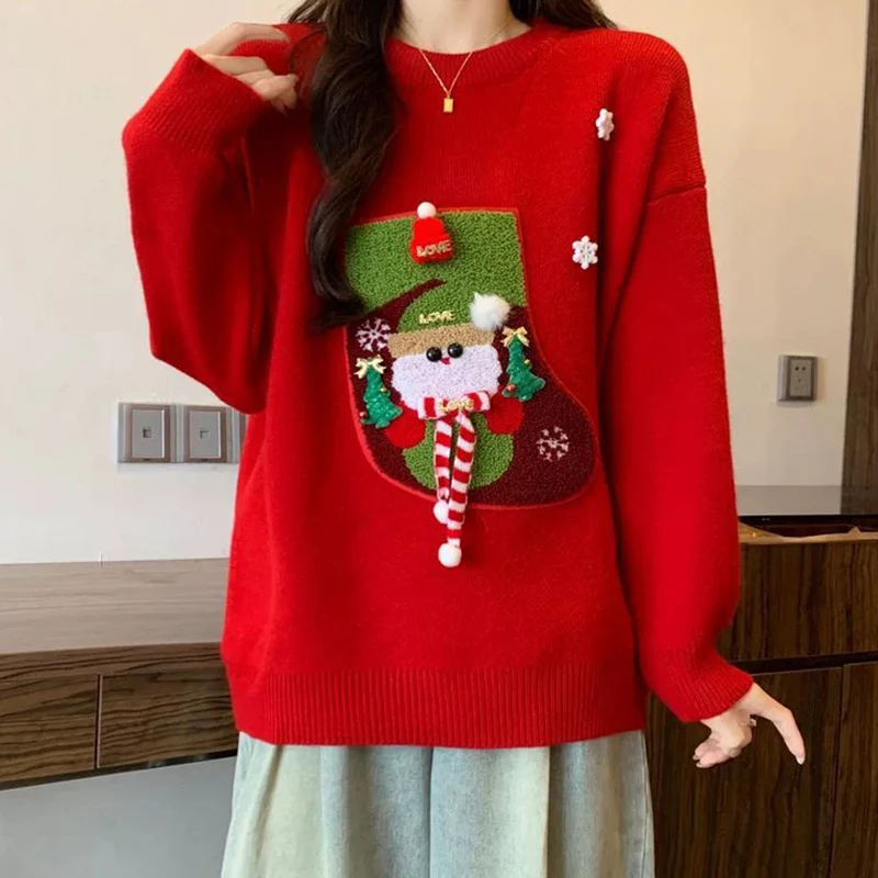 Autumn/winter New Christmas High Quality Red Knitted Pullover Sweater Loose Casual Fashion Exquisite Long Sleeved Women's Top