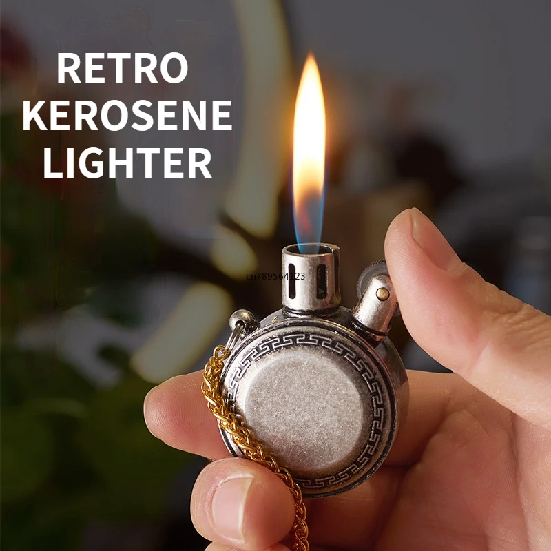 2024 Classic Vintage Pocket Watch Kerosene Lighter Mini Portable Gasoline Lighter Oil Round Metal Unusual Collection Men\'s Gift