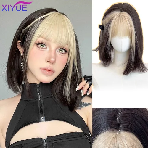 Imagen 1 del producto Pelucas de pelo Natural sintético corto negro amarillo para mujer peluca recta Bob con flequillo pelucas de fiesta de Cosplay diarias de alta temperatura