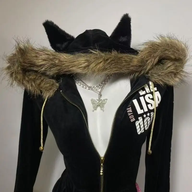 Cat Ear Design Velvet Hooded Outerwear Faux Fur Trim Collar Zip Up Slim Back Letter Print Long Sleeve Unlined Coat Slim Street