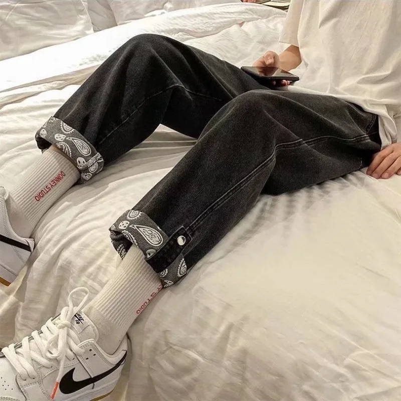 Men Denim Pants Vintage Straight Jeans Baggy Trouser Prints Patchwork Black Man Colthing Streetwear Design Casual Solid Slim