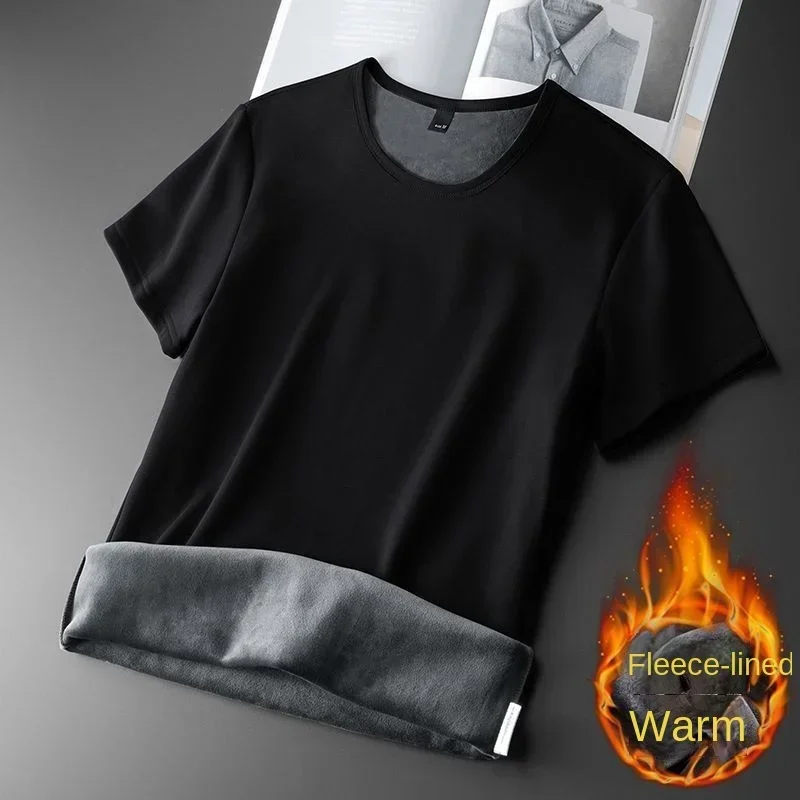 Men Thermal Underwear Tops Fleece Thickened Short Sleeve T-Shirt Keep Warm Tees O-neck Solid Bottoming Shirt Thermo Pullover