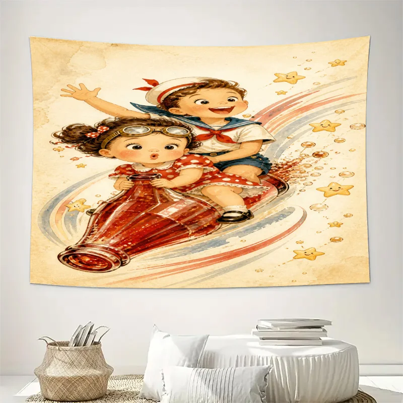 Charming Vintage Kids Cartoon Friendship Girls Tapestry Wall Hanging Art Print Retro Nursery Decor Boho Home Wall Decor