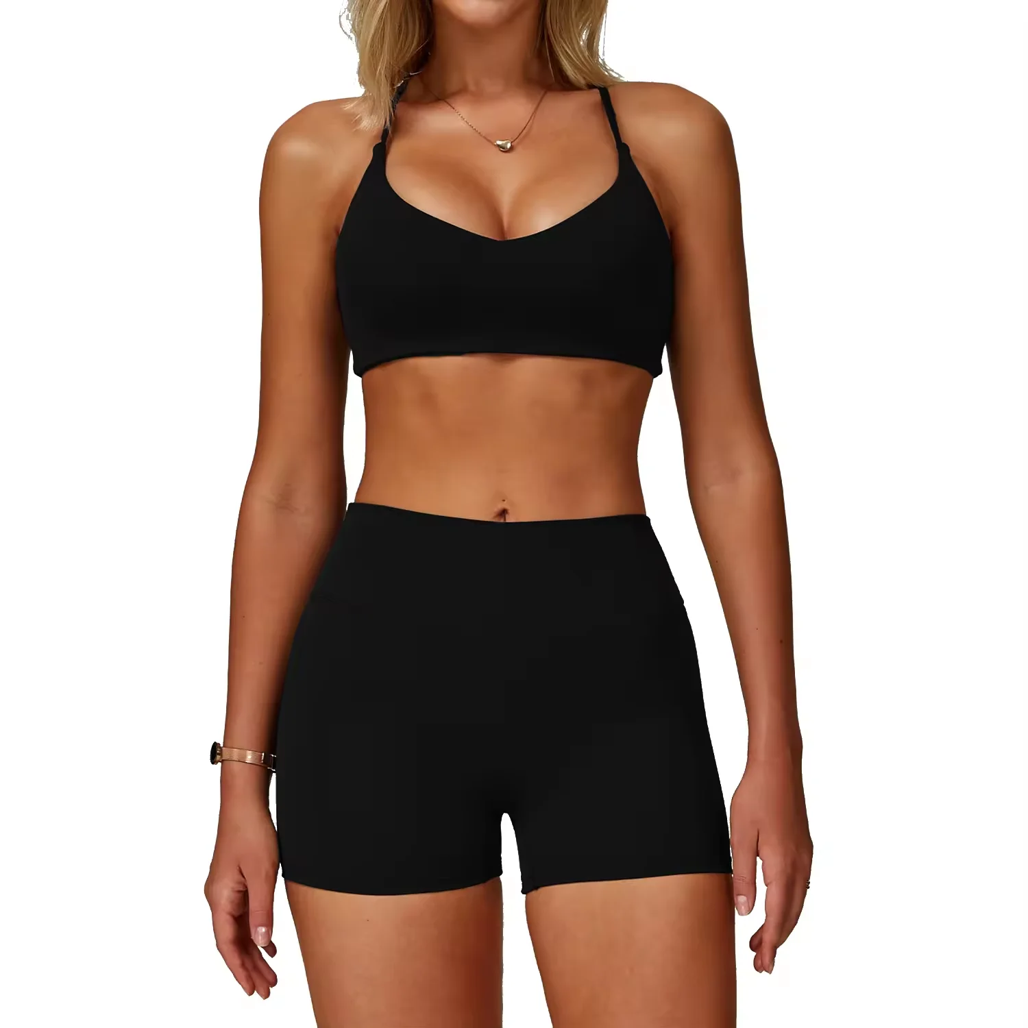 women's-high-waist-quick-dry-yoga-shorts-bra-set-compression-soft-elastic-v-neck-adjustable-straps-breathable-lightweight-solid