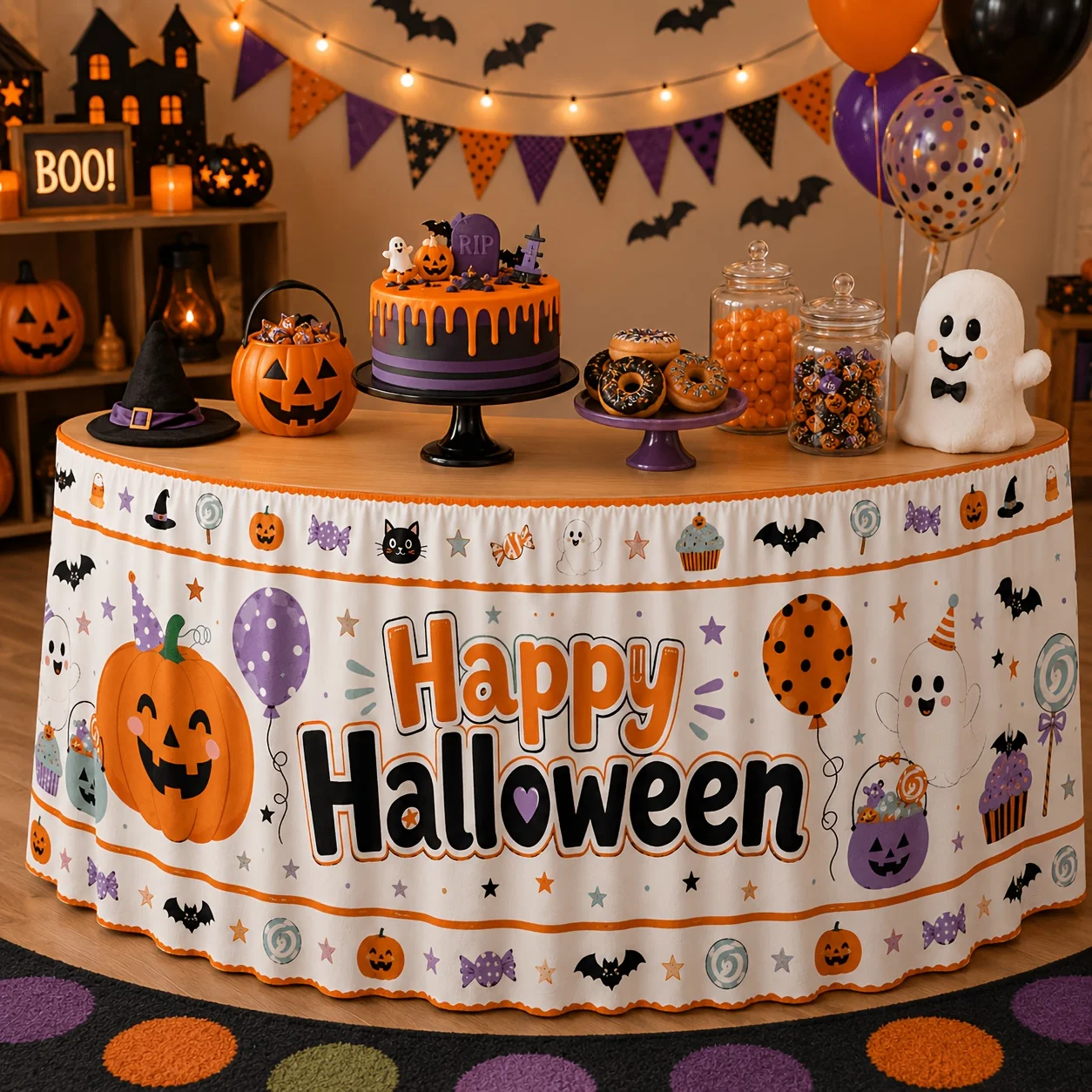 One table skirt, Happy Halloween, egg lantern, ghost, bat, balloon, almond egg, candy, stars