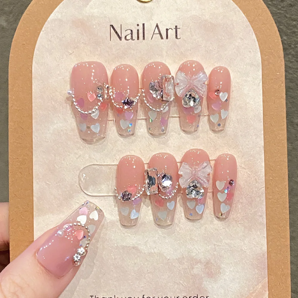 Handmade Fairy Press on Nails Y2k Korean Pink Medium-length Reusable Adhesive False Nails Full Cover Nail Tips 3d Charm Design