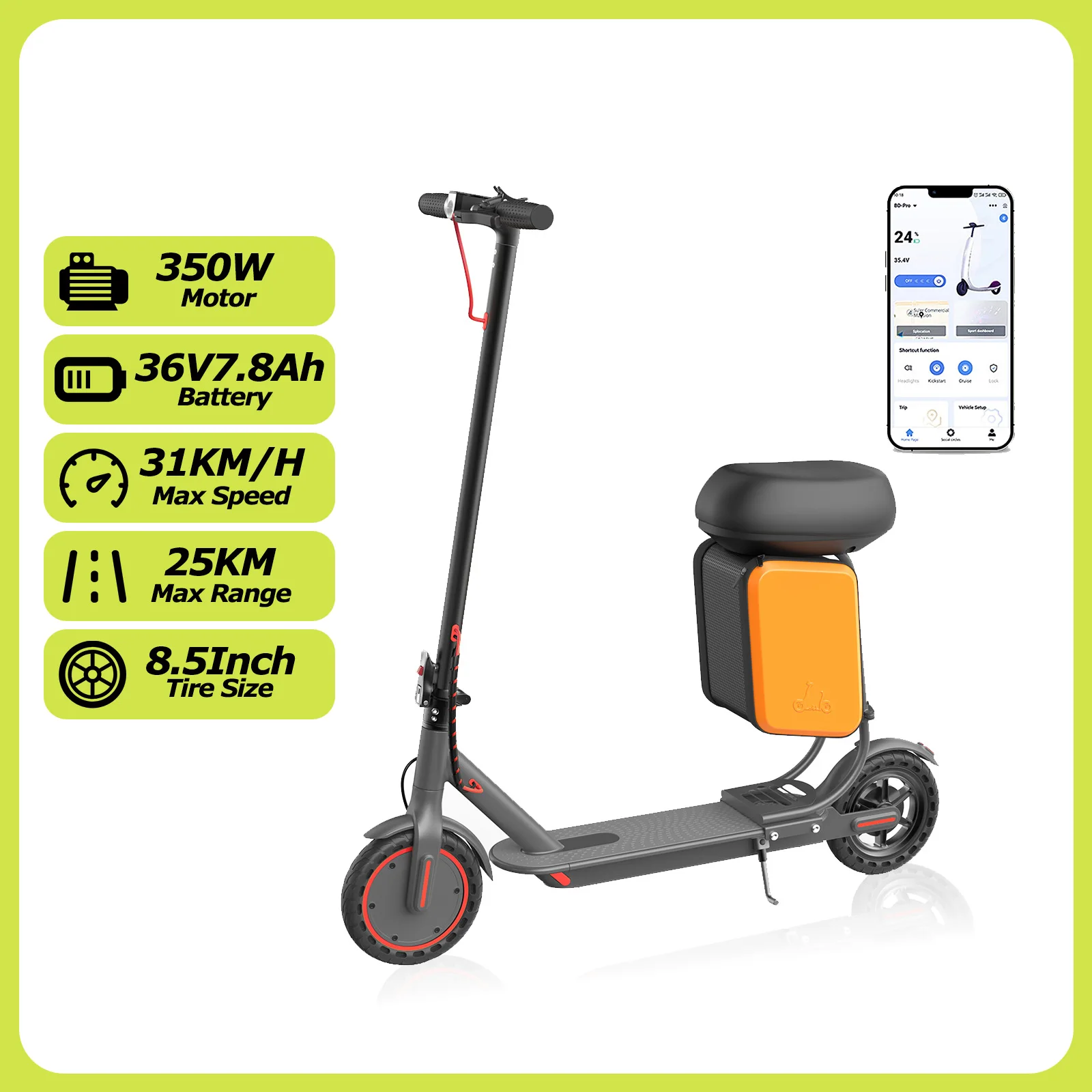 AOVOPRO Urban X1 Elektroroller mit Sitz, Leistungsstarker Motor 36V7.8Ah, 25KM Reichweite, mit Staufach, 8,5 Zoll, mit APP, Doppelbremsen, E-Scooter