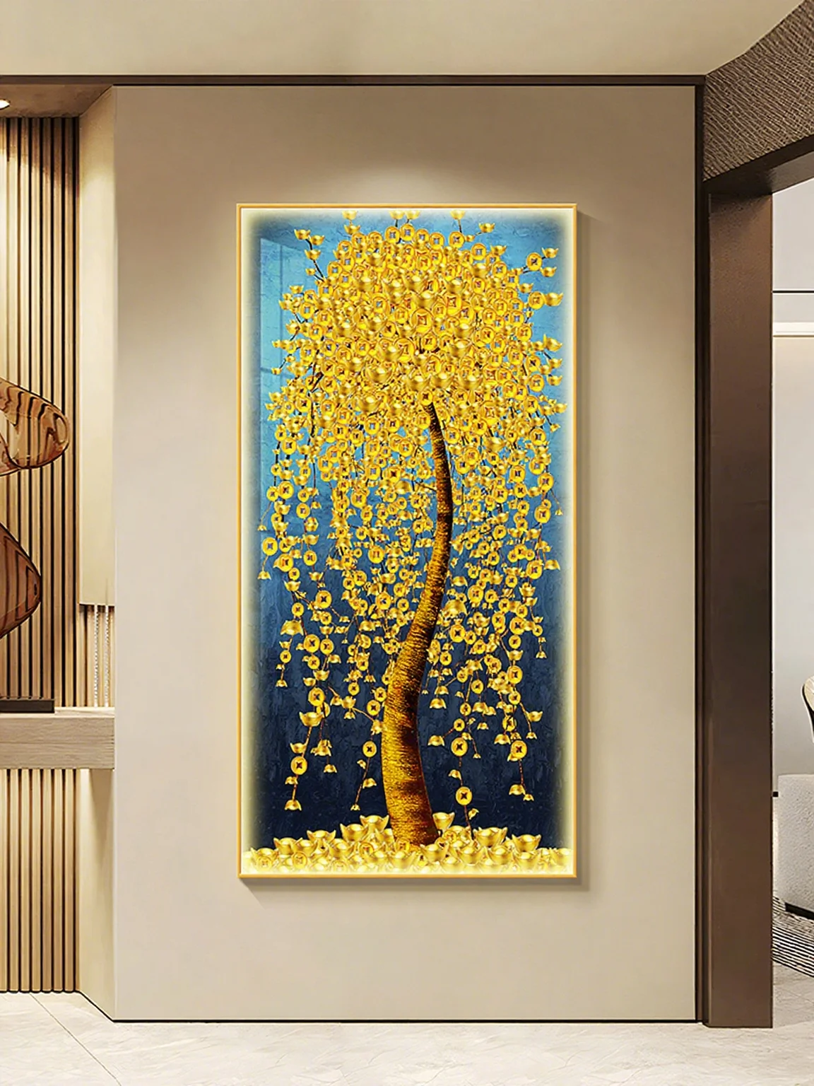 Golden Wealth Tree Entrance Decoration Painting Money Tree Attracting Wealth LED Light Painting Advanced Corridor Mural Light
