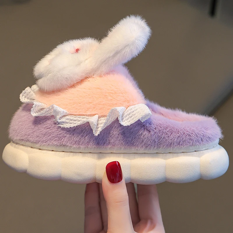 New Winter Warm Cute Bow Rabbit Indoor Closed-toe Mule Soft Non-slip Kids Fluffy Slippers For Girls Children Home Cotton Shoes