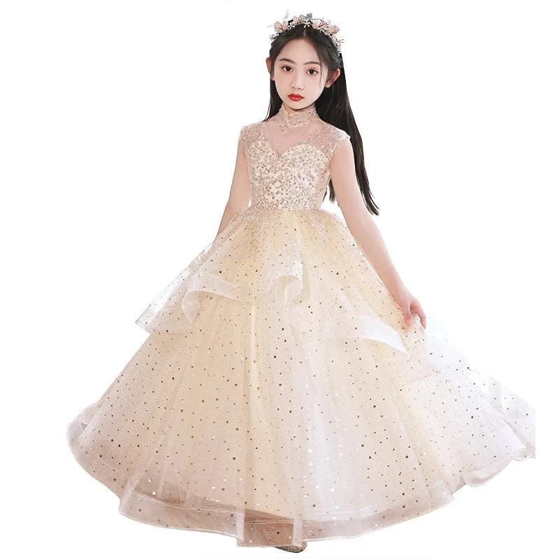 Flower Girl's Fluffy Gaze Dress, Evening Little Host, vestidos para piano, vestido de baile, Walk Show, novo, primavera