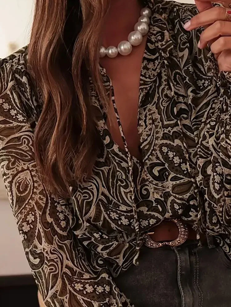 

Рубашка с длинными рукавами и принтом винтажного узора, осенняя новая мода, женские богемные топы для отпуска, повседневная уличная одежда, свободный пуловер