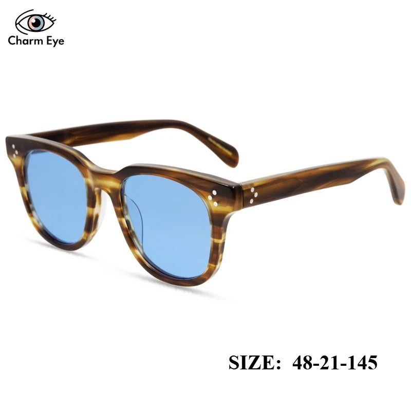 

High Quality Women Fashion Large Frame Striped Acetate Blue Lens Sunglasses Men Car Driving Designer Handmade UV400 Sun Glasses