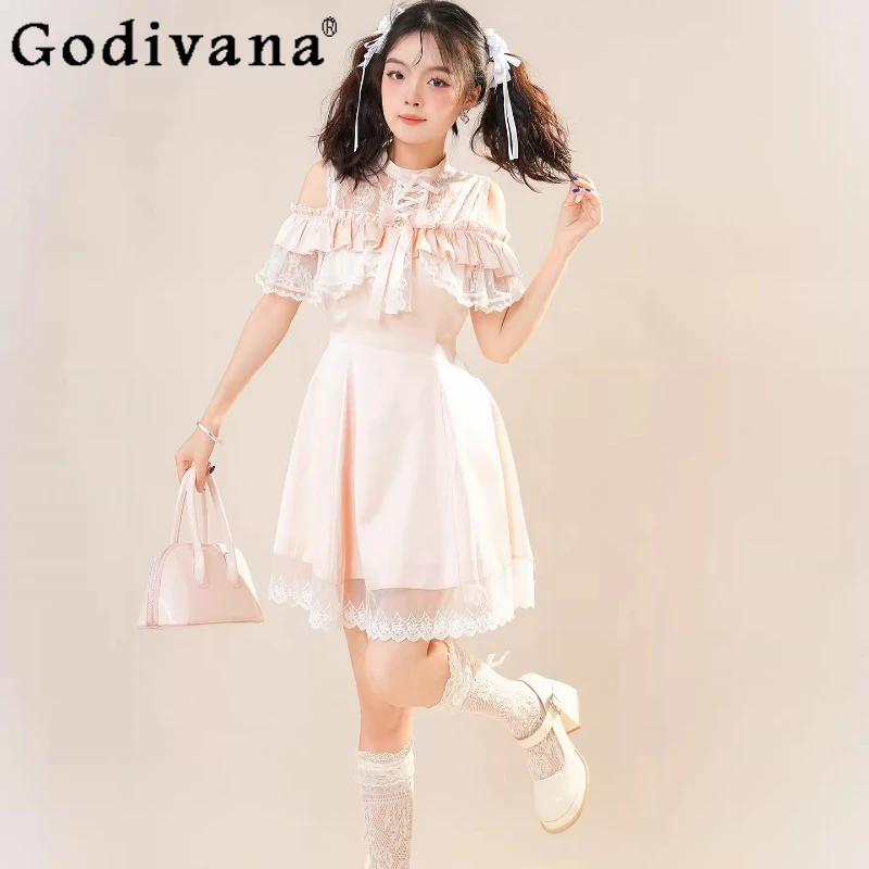 

Japanese Style Clear Lace Lolita Dress for Girls Off Shoulder Pink Gentle Temperament Dress Women's Waist Cinching Short Dress