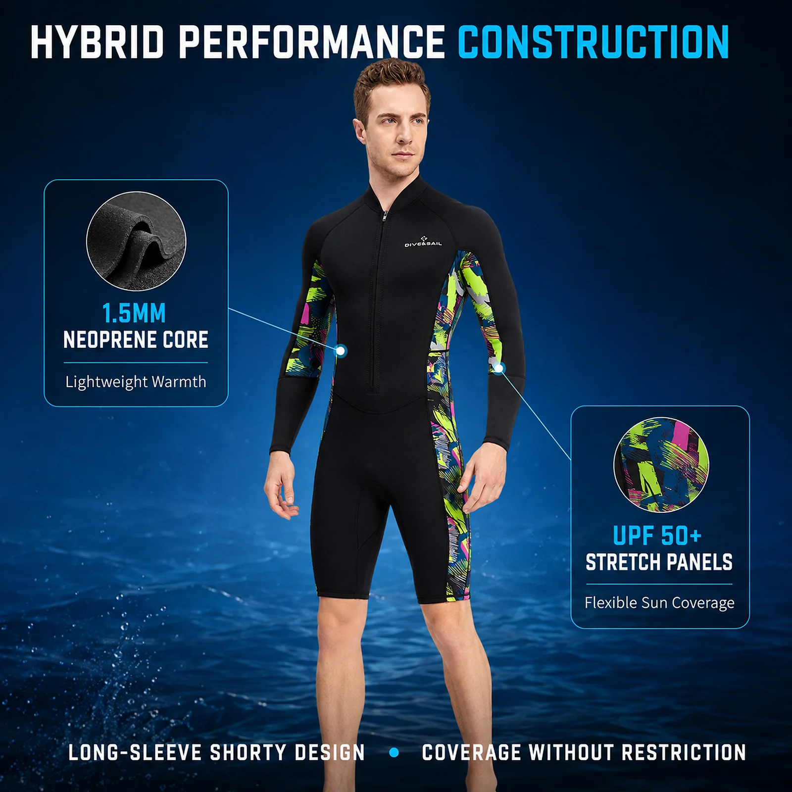 DIVE&SAIL Men 1.5mm Neoprene Shorty Wetsuit Long Sleeve Front Zip UPF 50+ Diving Suit for Snorkeling Surfing Swimming