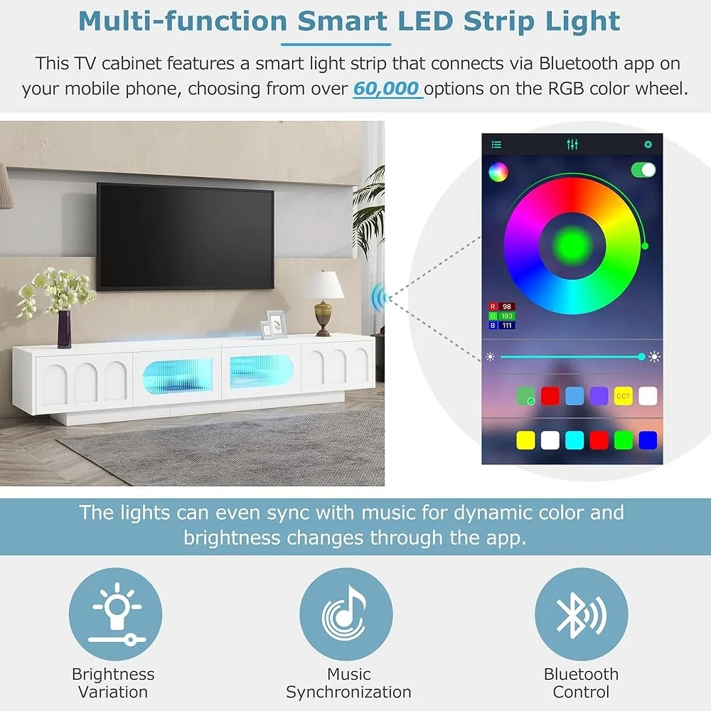 Suporte de TV funcional para TVs de até 95 polegadas Smart LED Light Bluetooth Controle Media Console com gavetas e armários de armazenamento