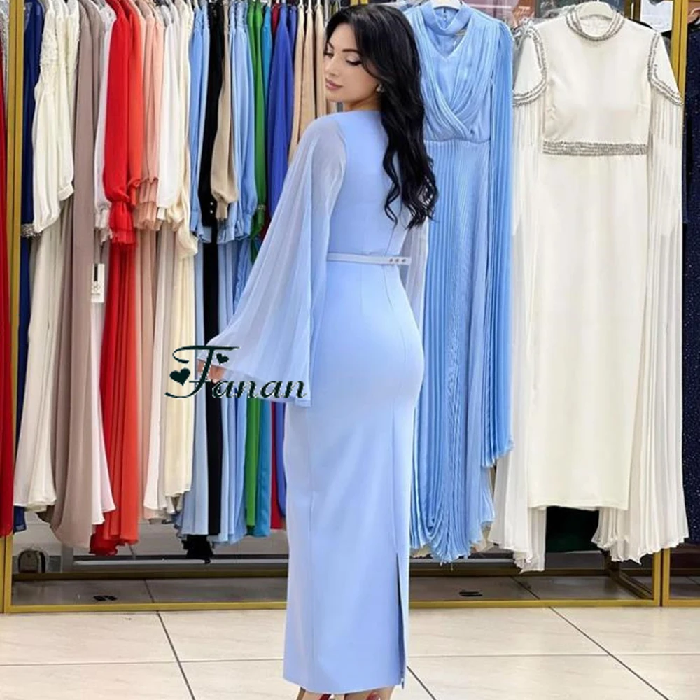 Customized Sky Blue Jersey SImple O-neck Evening Dresses Draped Chiffon Sleeves Back Low-Split Straight Ankle Length Party Dress