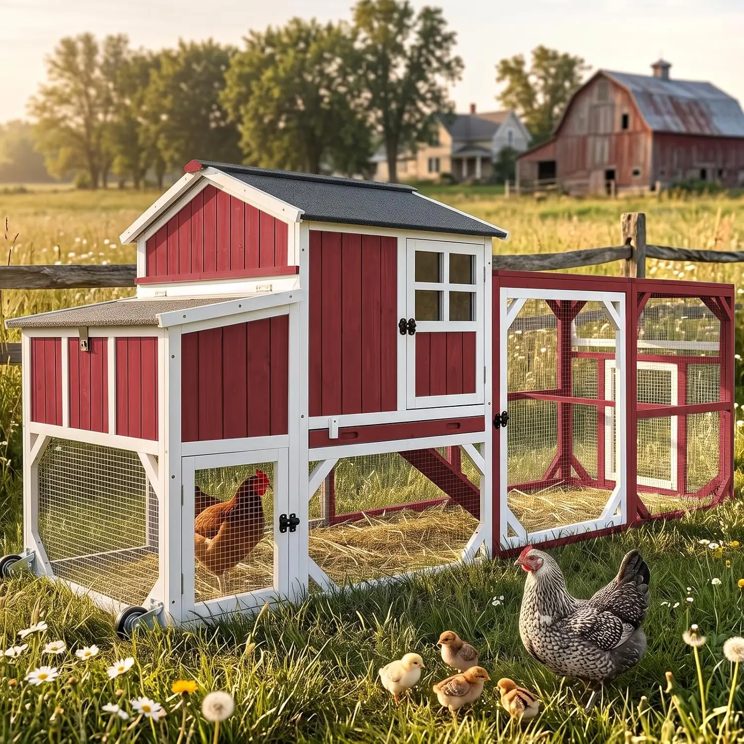 Wooden Hen House with a Weather-Resistant Asphalt Roof, Expandable Design, and Enclosed Structure to Help Deter Predators,Red