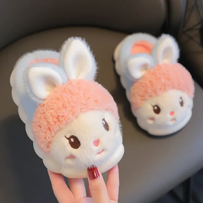 Children's Cotton Slippers Princess Shoes Warm Kids Winter Cute Rabbit Cartoon Furry Slippers Little Girl Soft Sole Baby Shoes