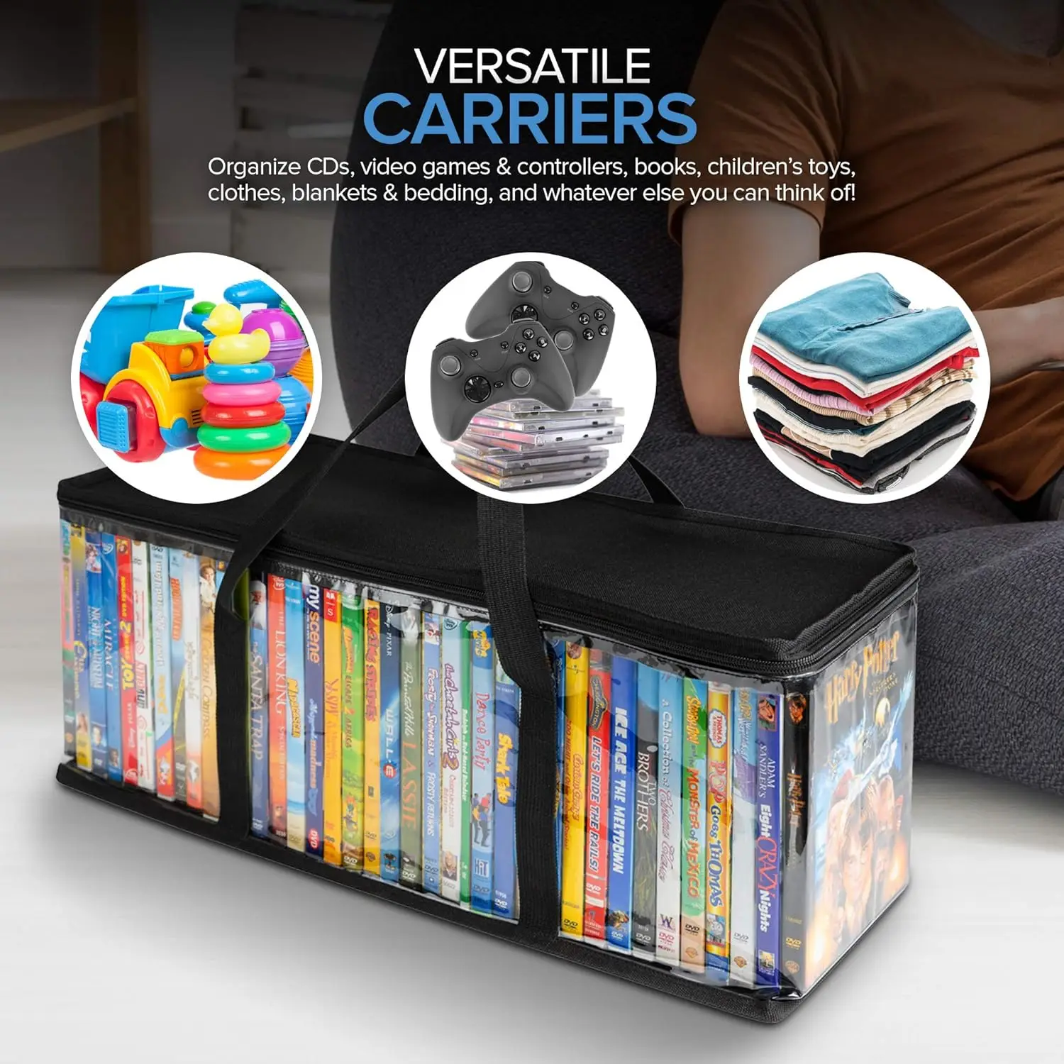 DVD Storage Bags 2/4/6-Pack, Clear Plastic Holders with Handles & Zipper for CDs, Blu-ray, Movies, Games