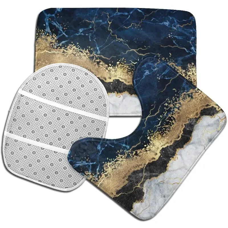 Badmat voor badkamertapijten marineblauw marmer goud abstracte sets 3-delige douchematten traagschuim antislip toiletkuip vloerkleed