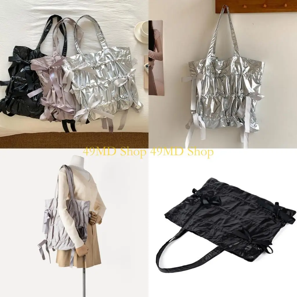 49MD Modern Pleated Handbag with Bows Nylon Underarm Shoulder Bag for Stylish Women Seeking Practicality and Sophistication