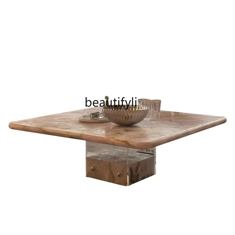 A003 Italian minimalist natural marble square coffee table side table living room combination