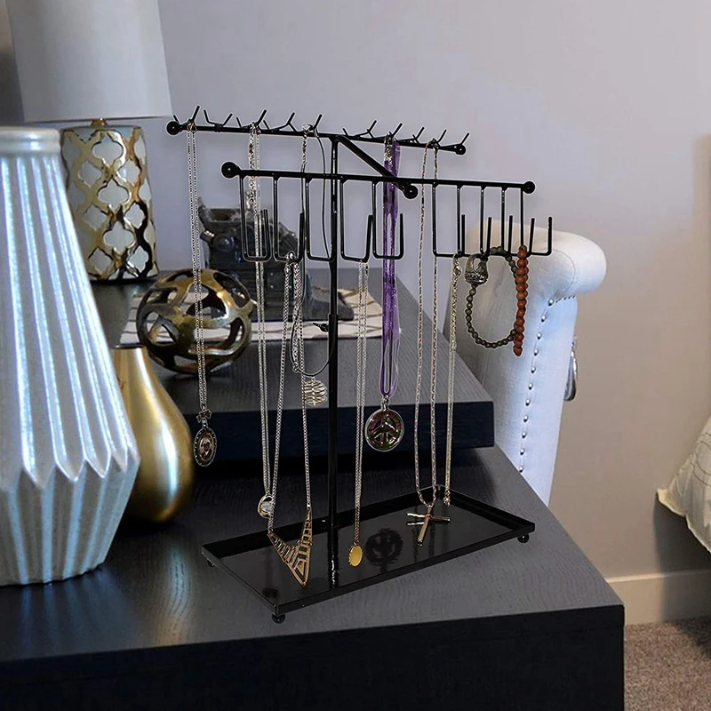 Jewellery Stand - Metal Display Stand With 30 Hooks And Bottom Tray Storage For Necklace, Bangles, Bracelet, Watches