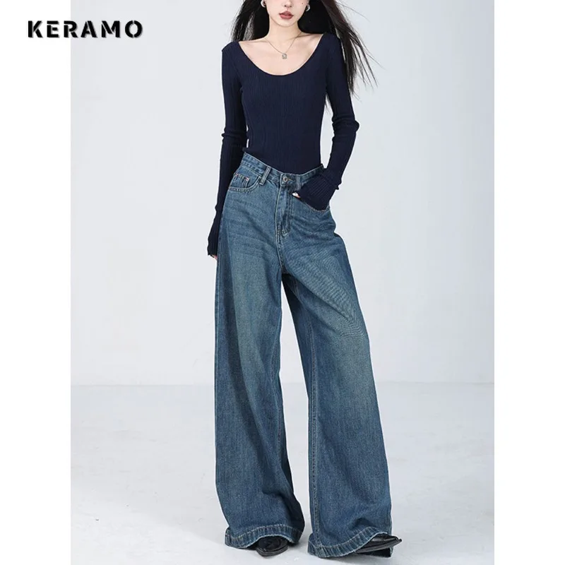 

American Retro High Waist Oversized Jeans For Women Casual Baggy Y2K Wide Leg Pants Grunge Streetwear Blue Denim Trouser