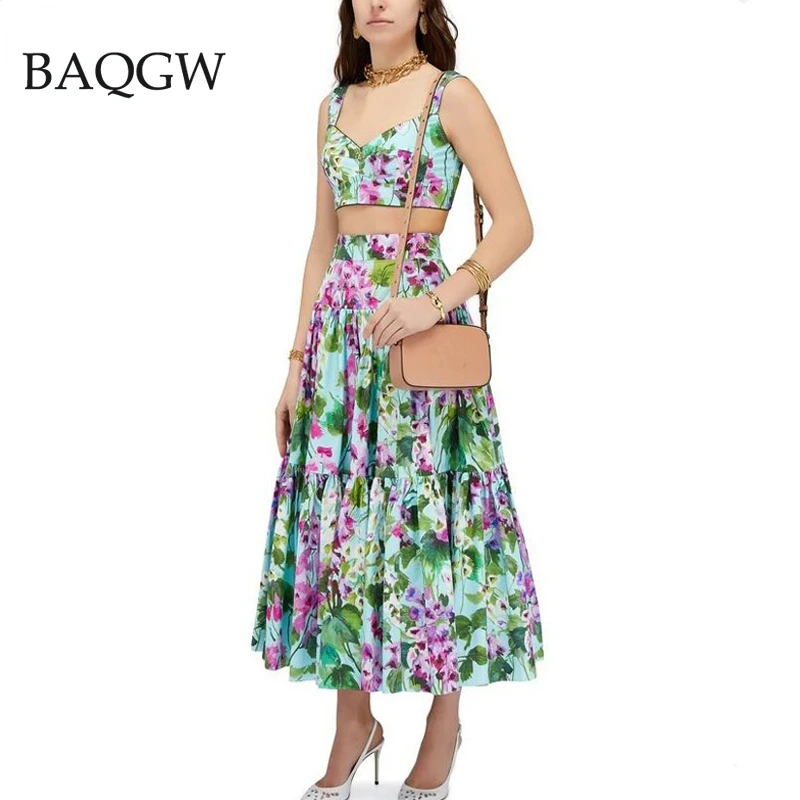 Summer Floral Print Cropped Tops and A Line Midi Skirt Dress Set Women Chic 2 Two Pieces Sets Luxury Party Beach Dress Outfits