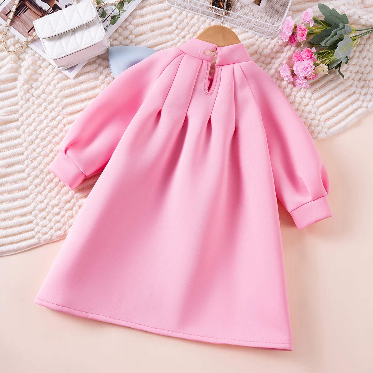 Toddler Girls\' New Women\'s Dress Cute Big Bow Solid Color Long Sleeve Dress Fashionable Design Sense Daily and Party Wear