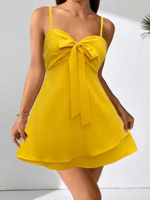 

Summer Solid Color V-Neck Bow Decoration Slim Fit Layered Ruffle Hem Dress with Suspender, Women's Elegant A-Line Dress
