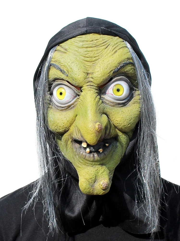 Halloween Horror Old Witch Mask with Hat Cosplay Scary Clown Hag Latex Masks Green Face Big Nose Old Women Costume Party Props