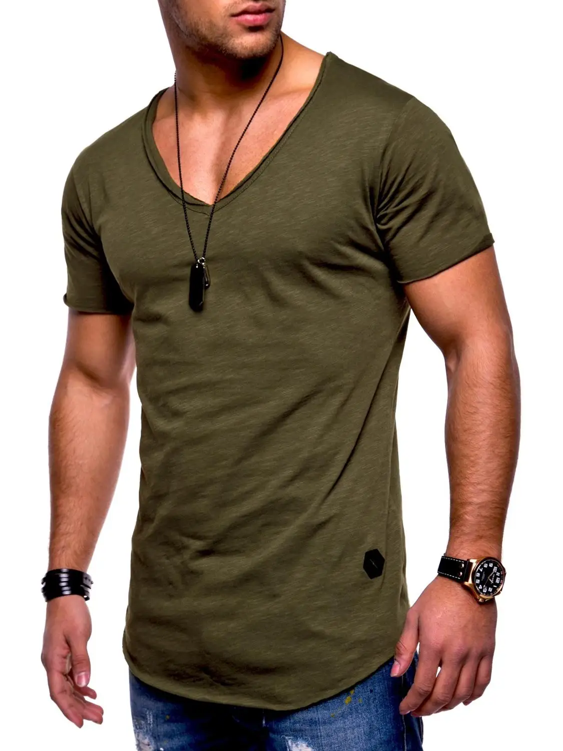 Men's T-shirt  Explosion Models Large Size Men's V-neck Stretch Solid Color Short Sleeve Youth Base Shirt Factory Direct Vest