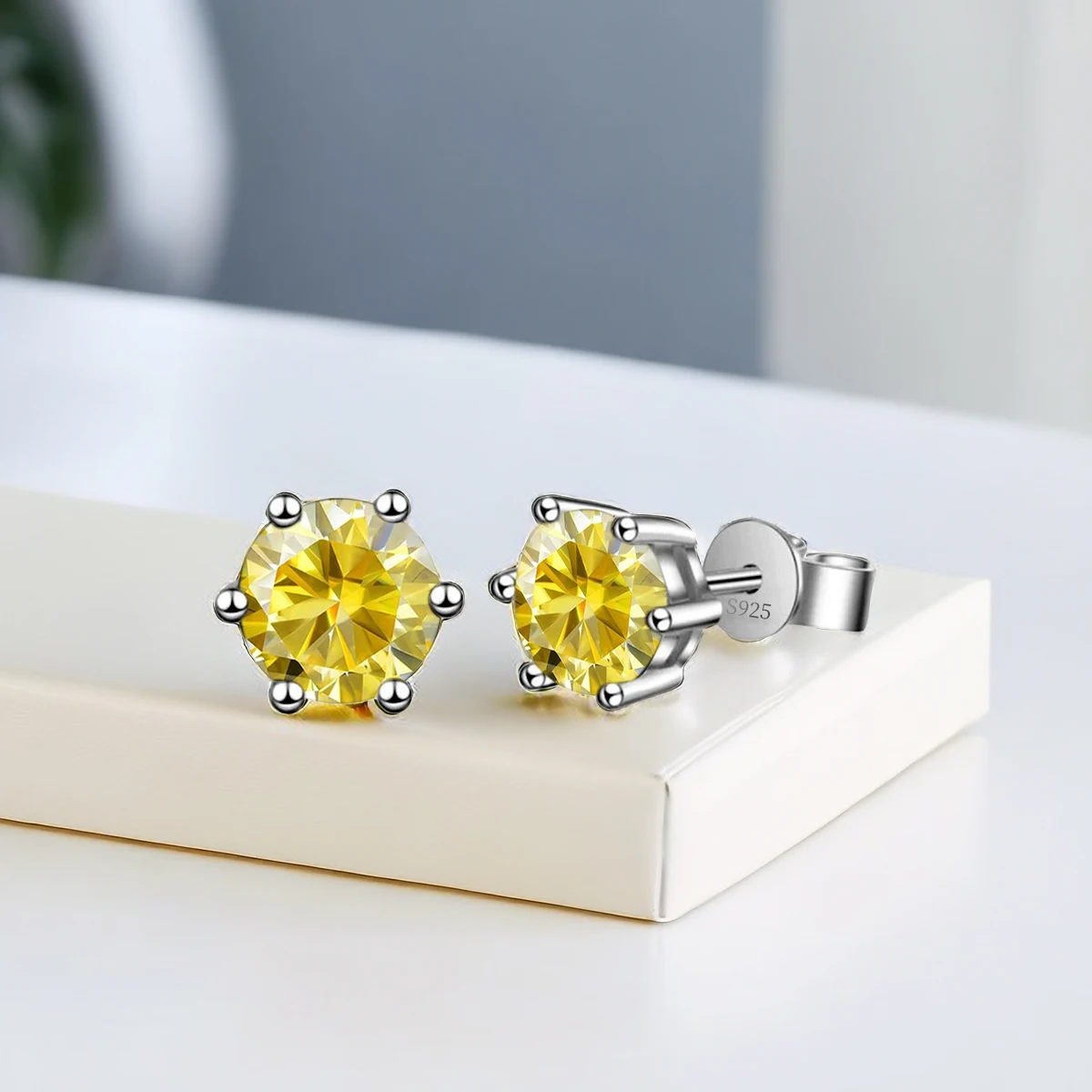 GRA 6.5mm/1ct Certified S925 sterling silver six-prong stud earrings Round Yellow Moissanite earrings for women fine jewelry